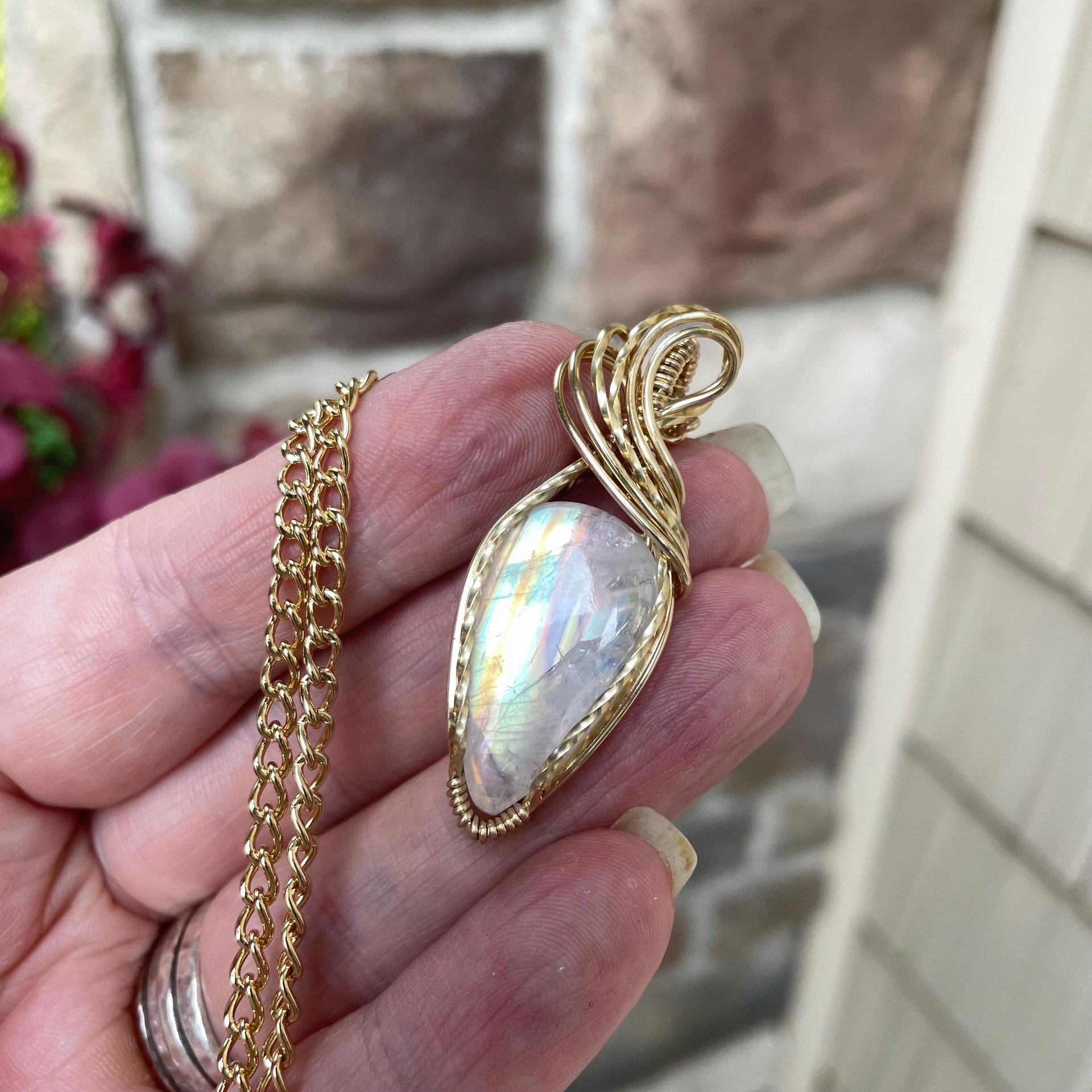Rainbow Moonstone Teardrop Brass Necklace