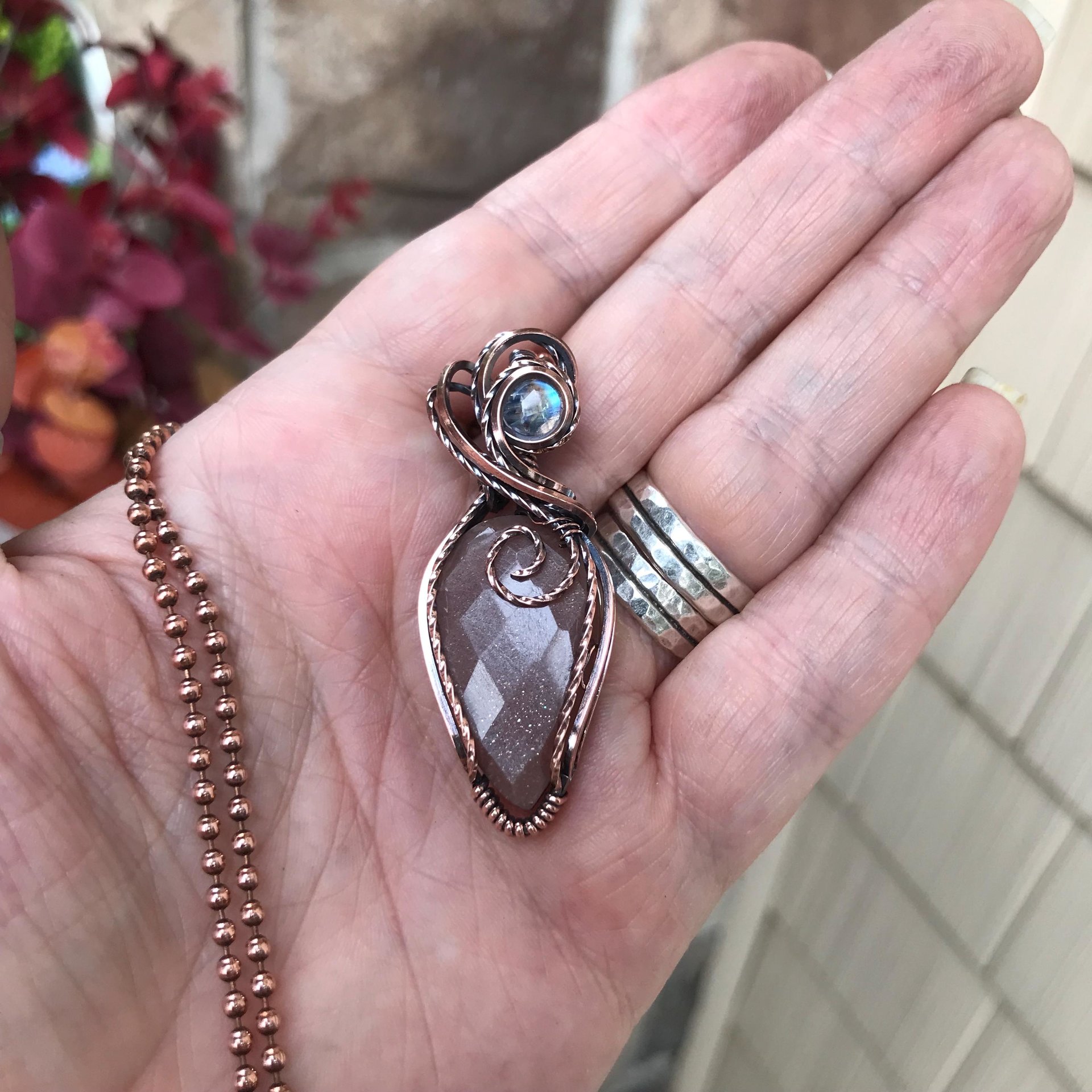 Peach Moonstone & Rainbow Moonstone Copper Pendant