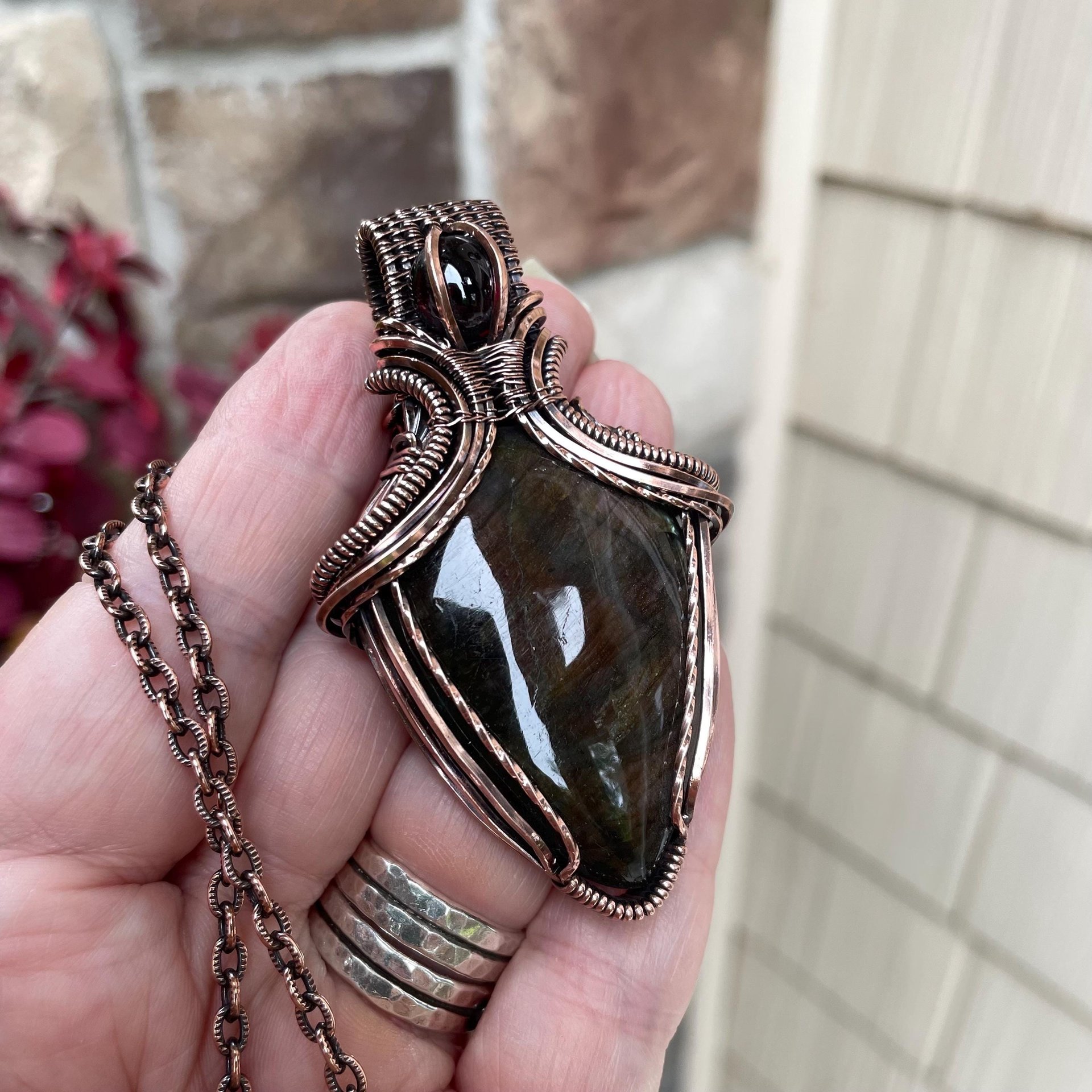 Purple Maroon Labradorite & Garnet Copper Pendant with Weaving