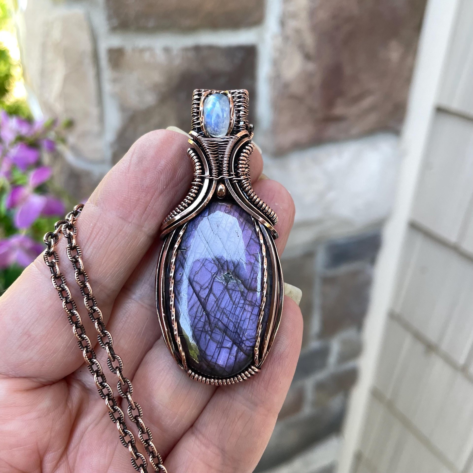 Purple Labradorite & Moonstone Oval Pendant with Weaving