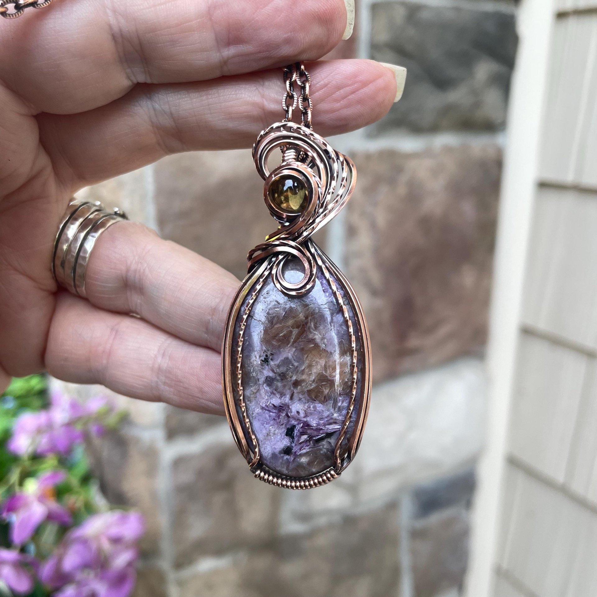 Charoite & Citrine Oval Copper Pendant