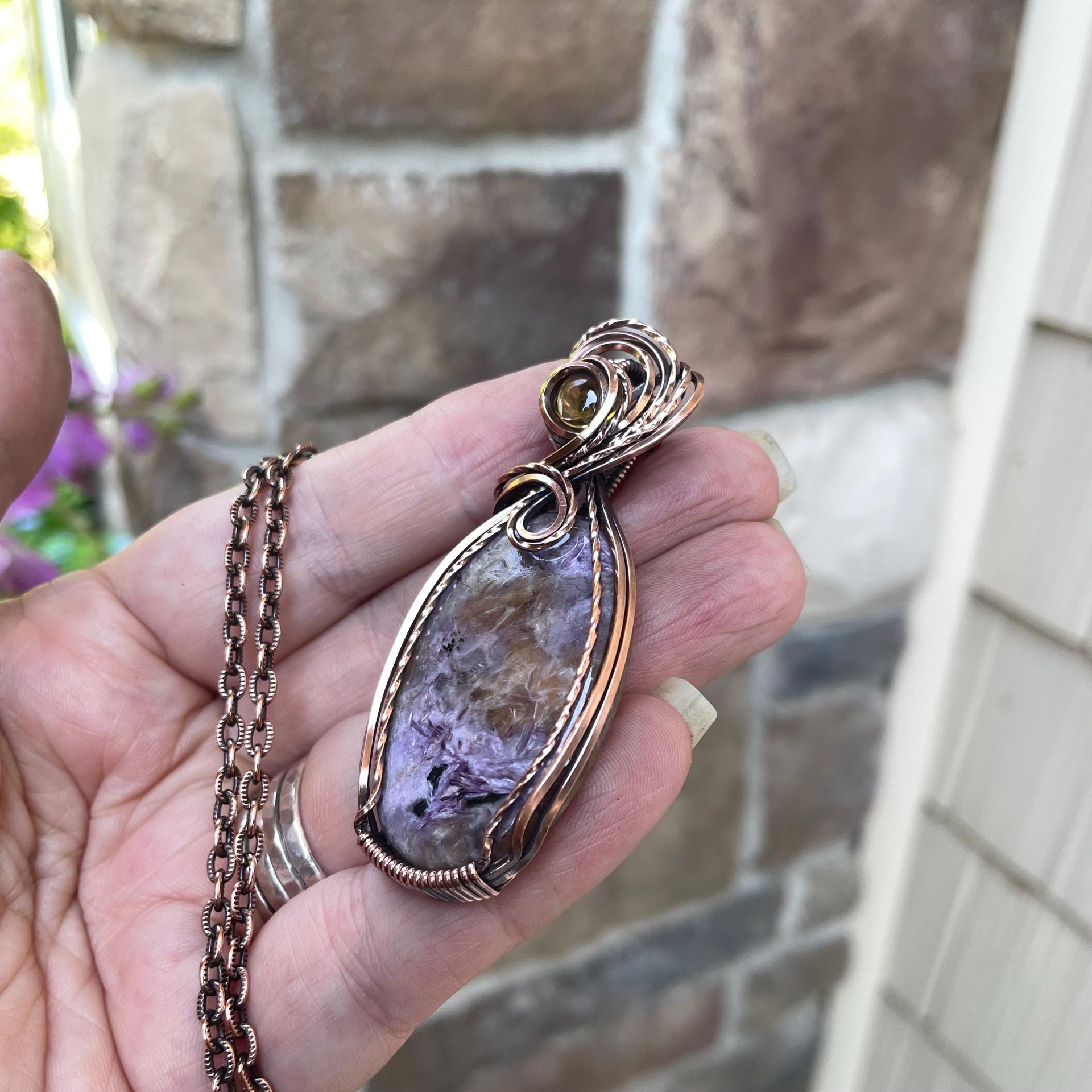 Charoite & Citrine Oval Copper Pendant