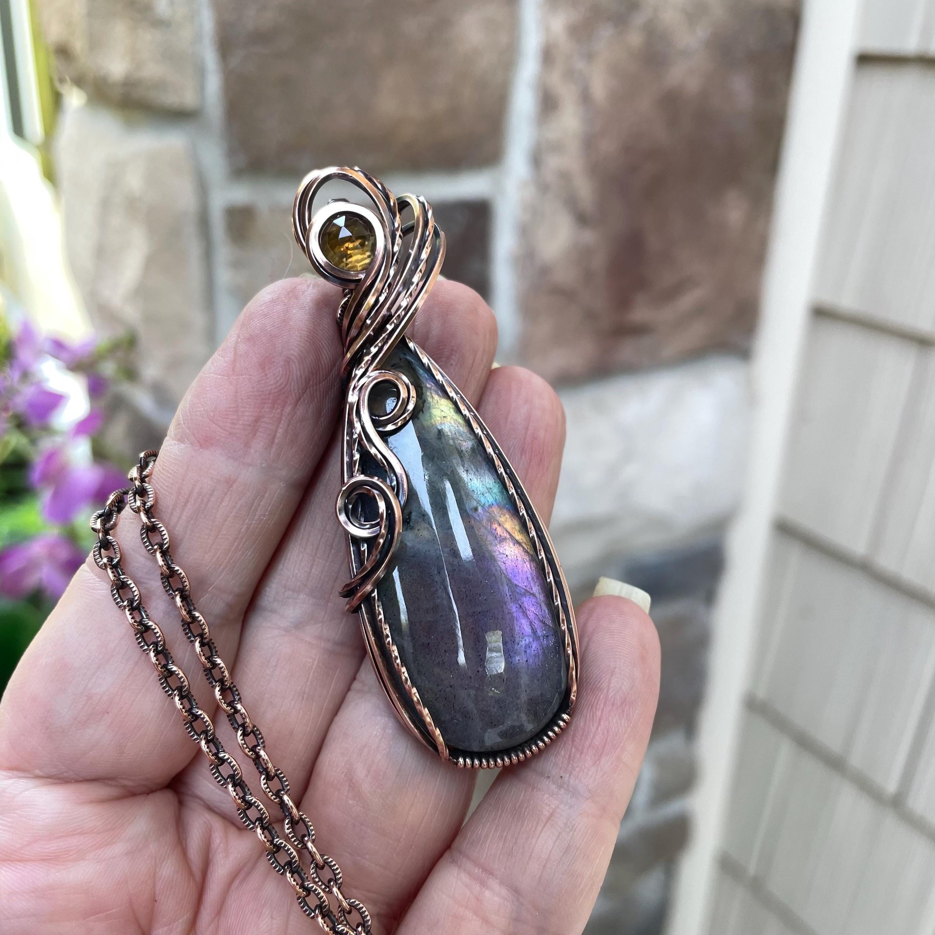 Purple Labradorite & Citrine Slender Copper Necklace