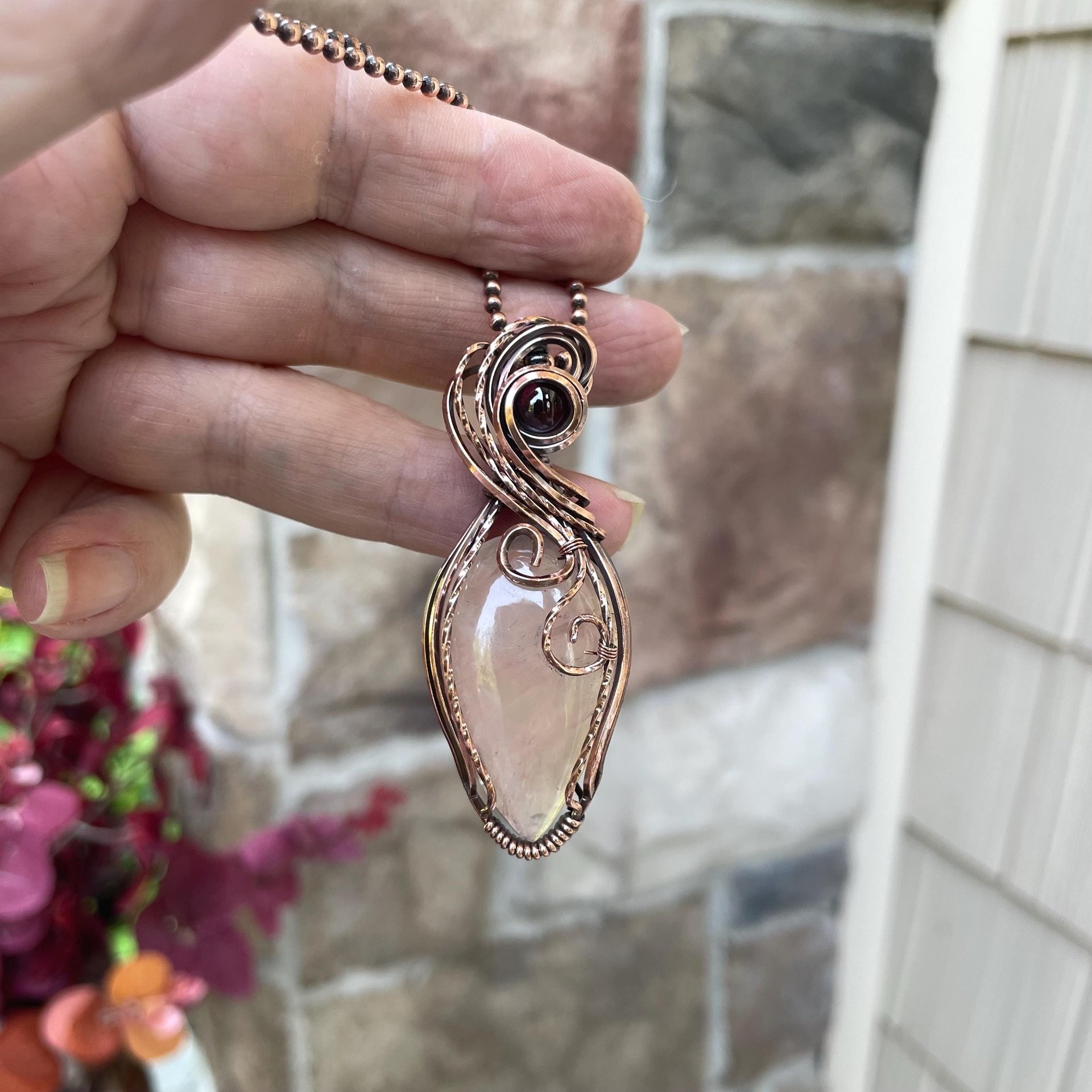 Rose Quartz & Garnet Swirly Heart Copper Necklace