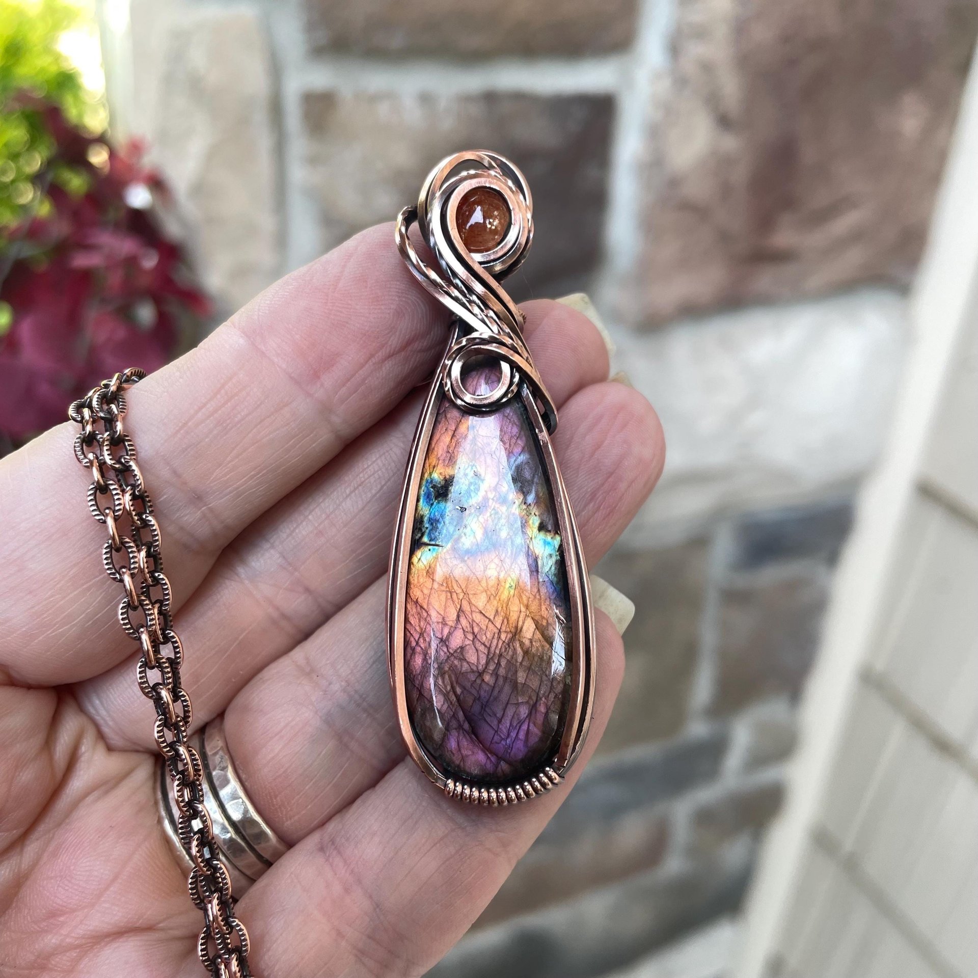 Orange Purple Labradorite & Sunstone Copper Pendant
