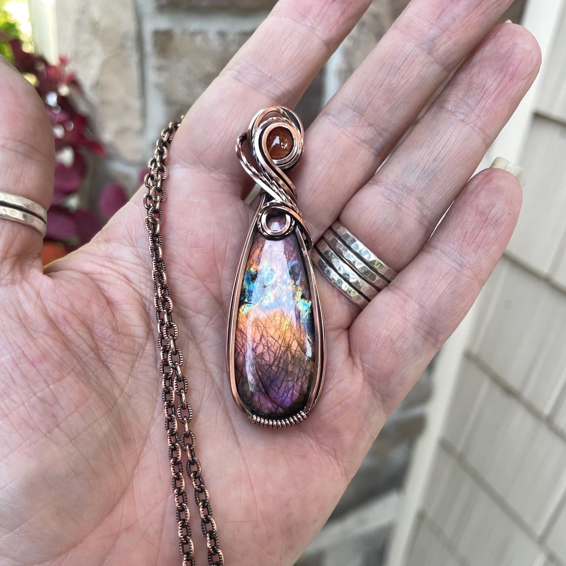 Orange Purple Labradorite & Sunstone Copper Pendant
