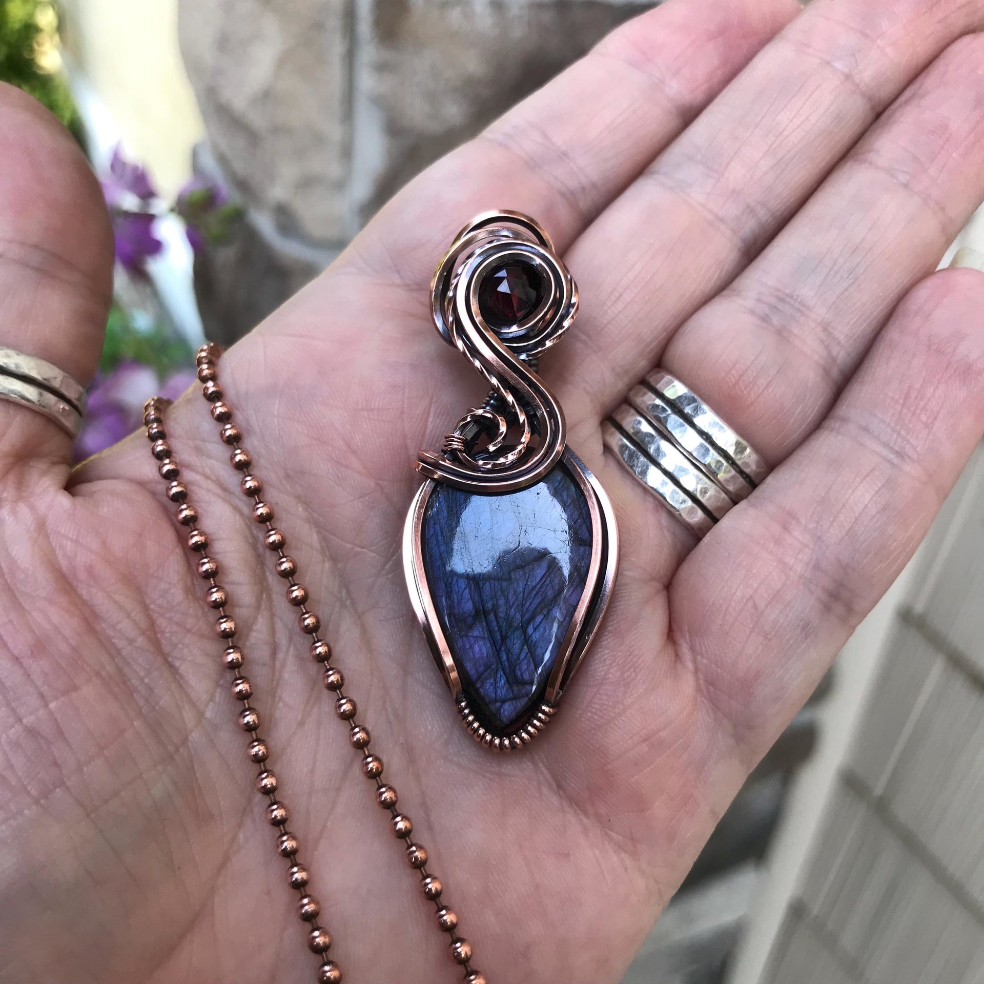 Purple Maroon Labradorite & Garnet Copper Pendant