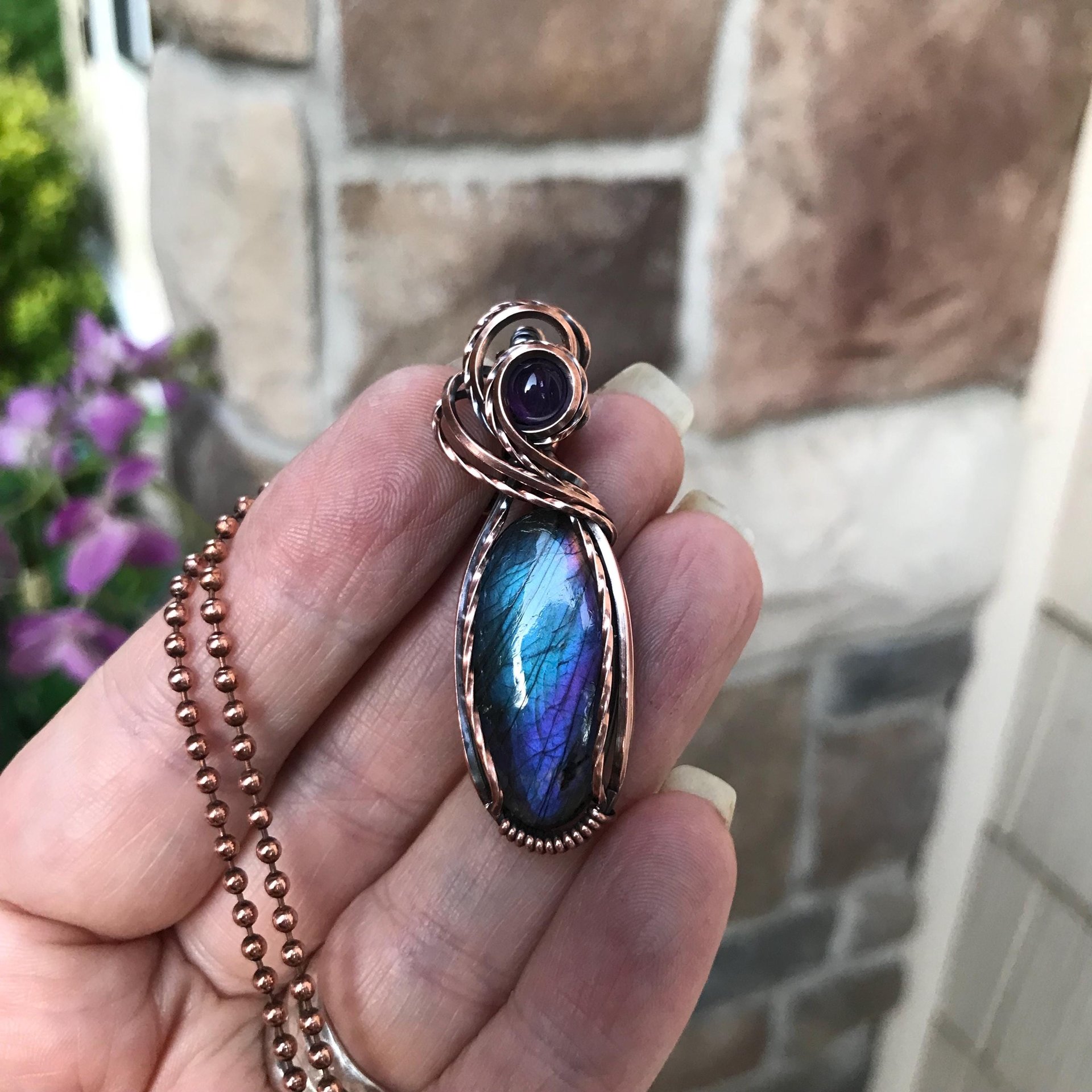 Blue purple labradorite and amethyst wire wrapped copper necklace, Semiprecious oval teardrop pendant