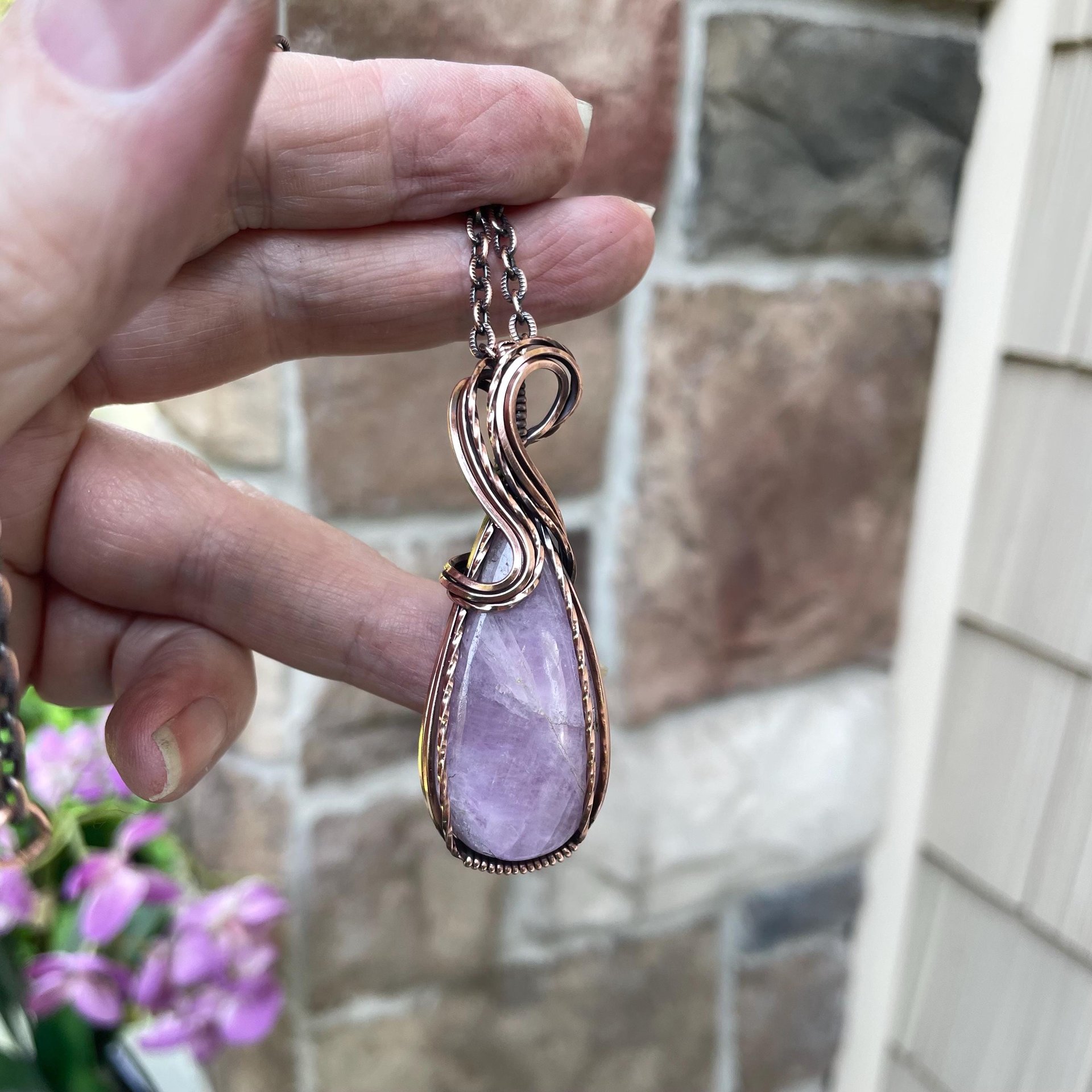 Kunzite Teardrop Copper Pendant