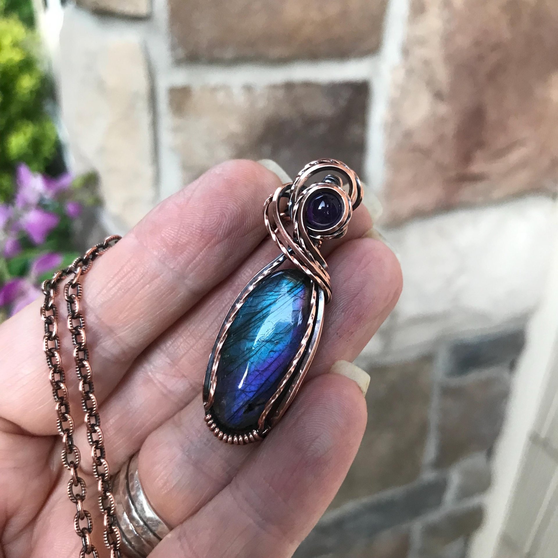 Blue purple labradorite and amethyst wire wrapped copper necklace, Semiprecious oval teardrop pendant