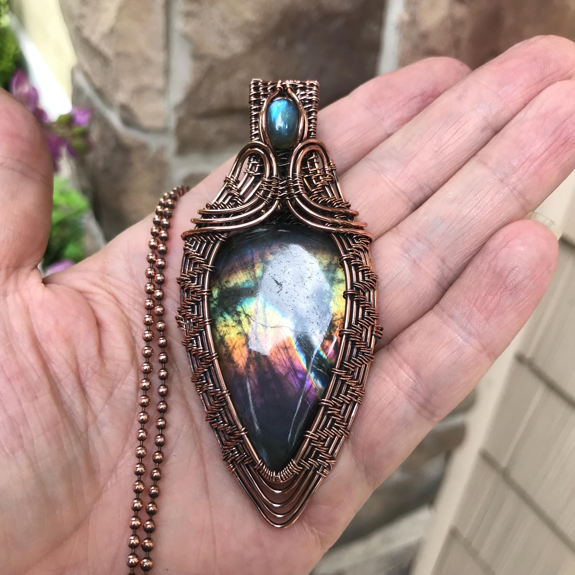 Rainbow Labradorite & Moonstone Woven Pendant