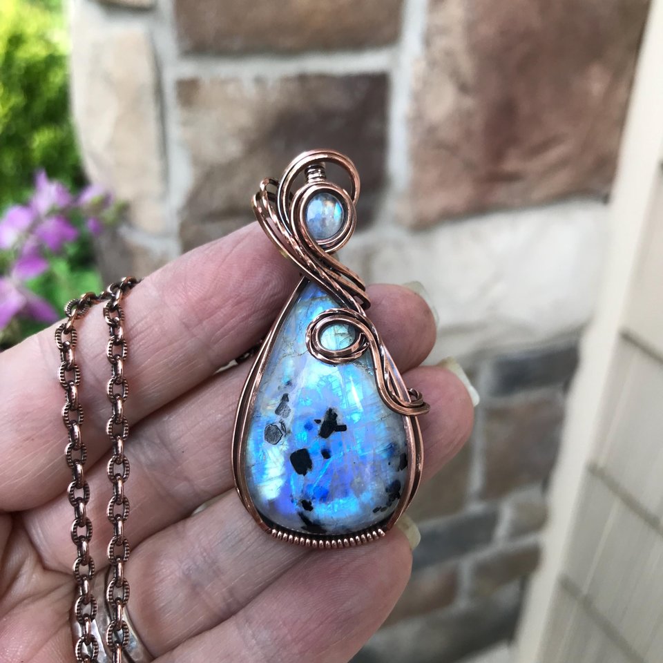 Rainbow Moonstone with Black Tourmaline Copper Necklace