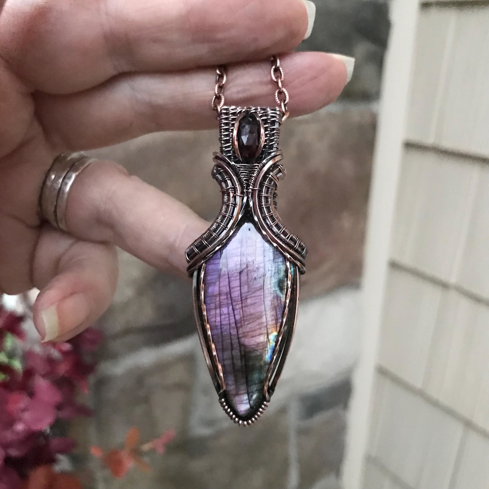 Purple Labradorite & Moonstone Copper Pendant with Weaving