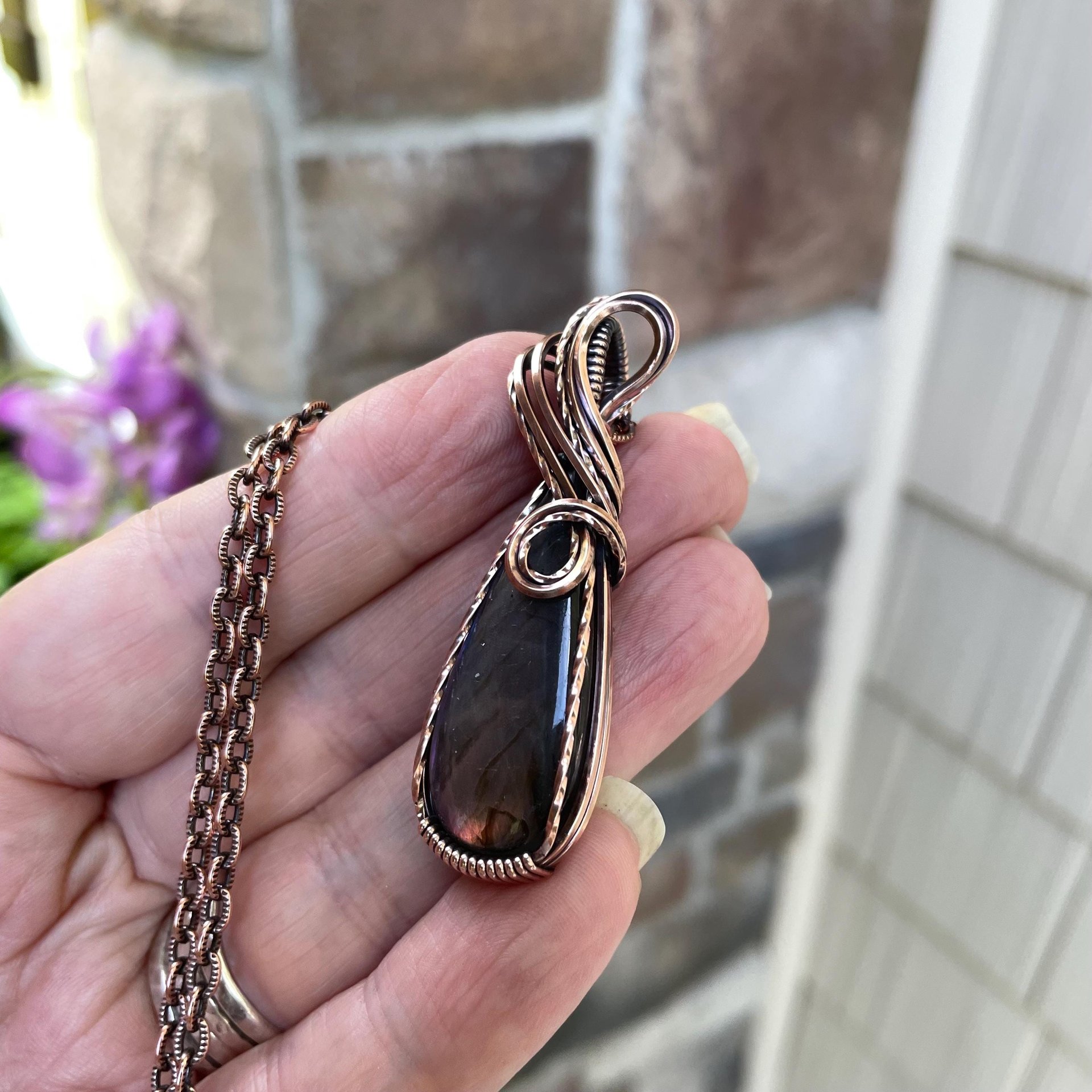 Pink Purple Labradorite Slender Copper Pendant