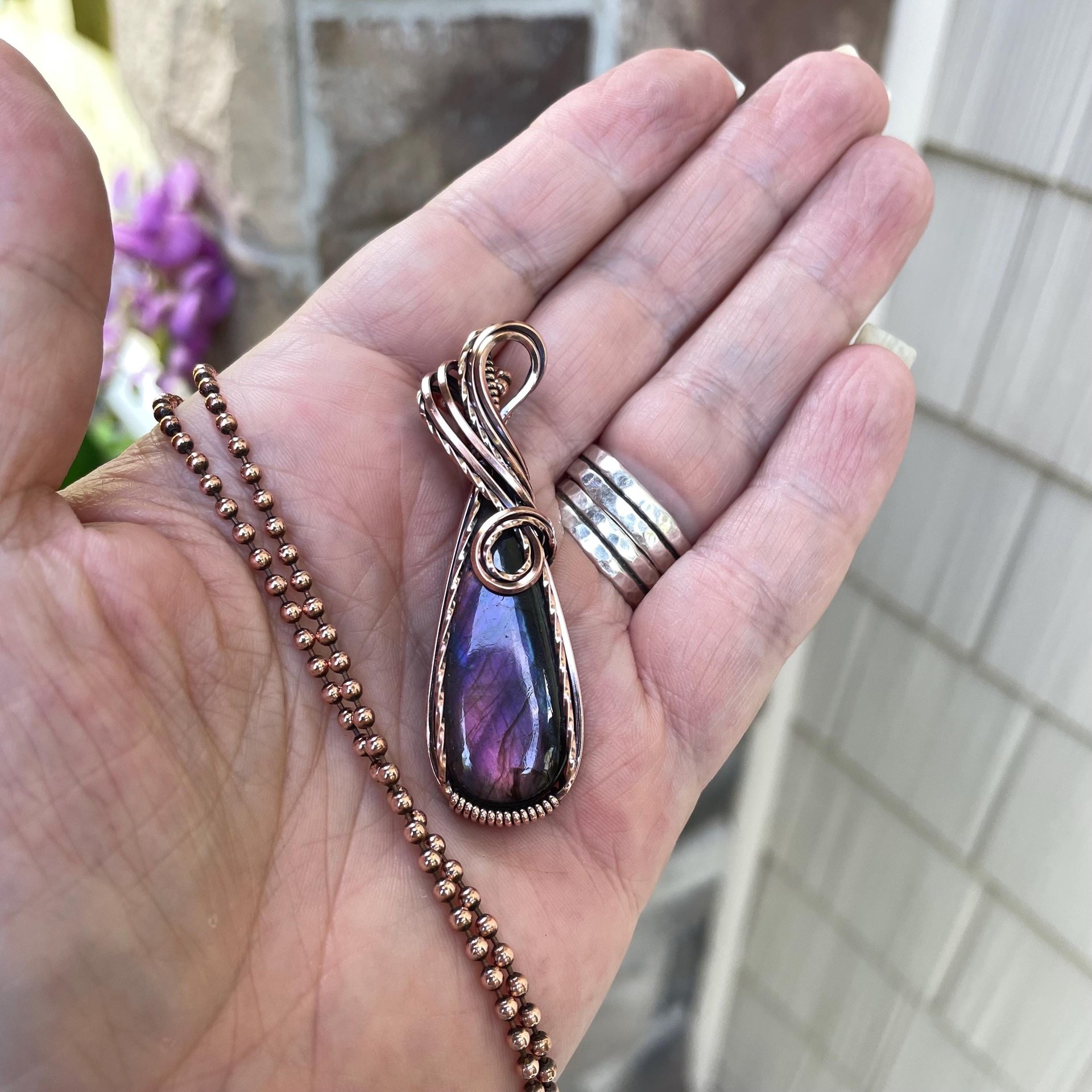 Pink Purple Labradorite Slender Copper Pendant