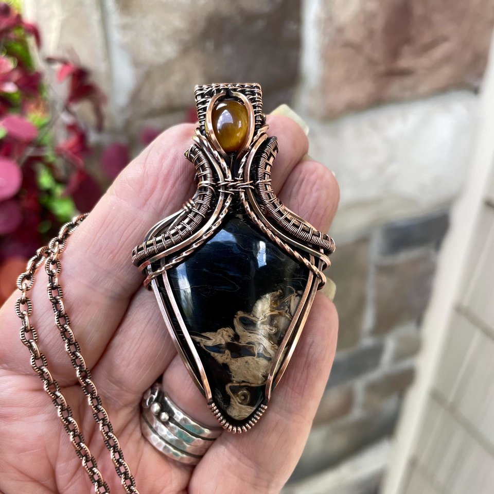 Petrified Palm Wood & Tiger Eye Copper Pendant with Weaving