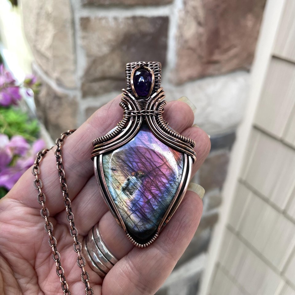Pink Purple Labradorite & Amethyst Copper Pendant with Weaving