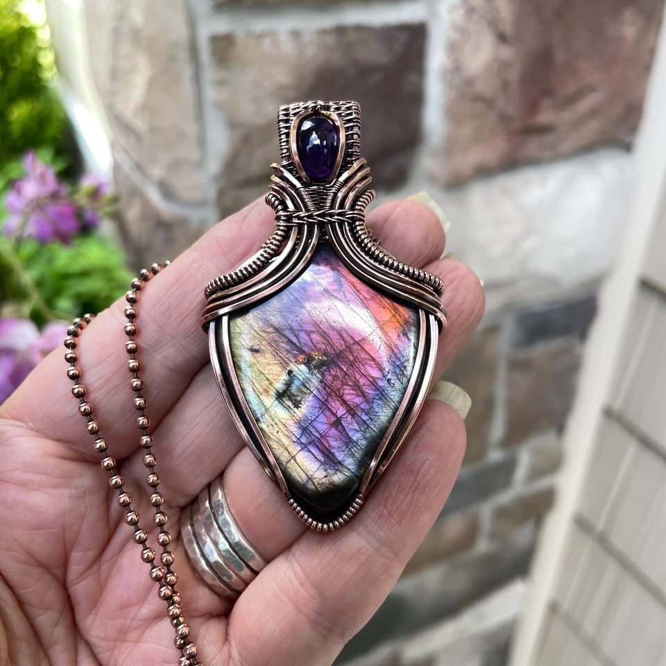 Pink Purple Labradorite & Amethyst Copper Pendant with Weaving