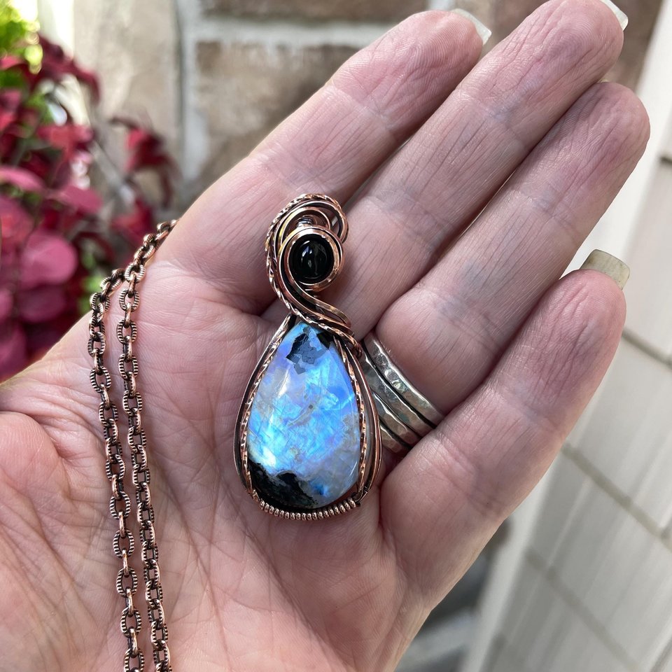 Moonstone with Tourmaline & Black Onyx Copper Pendant
