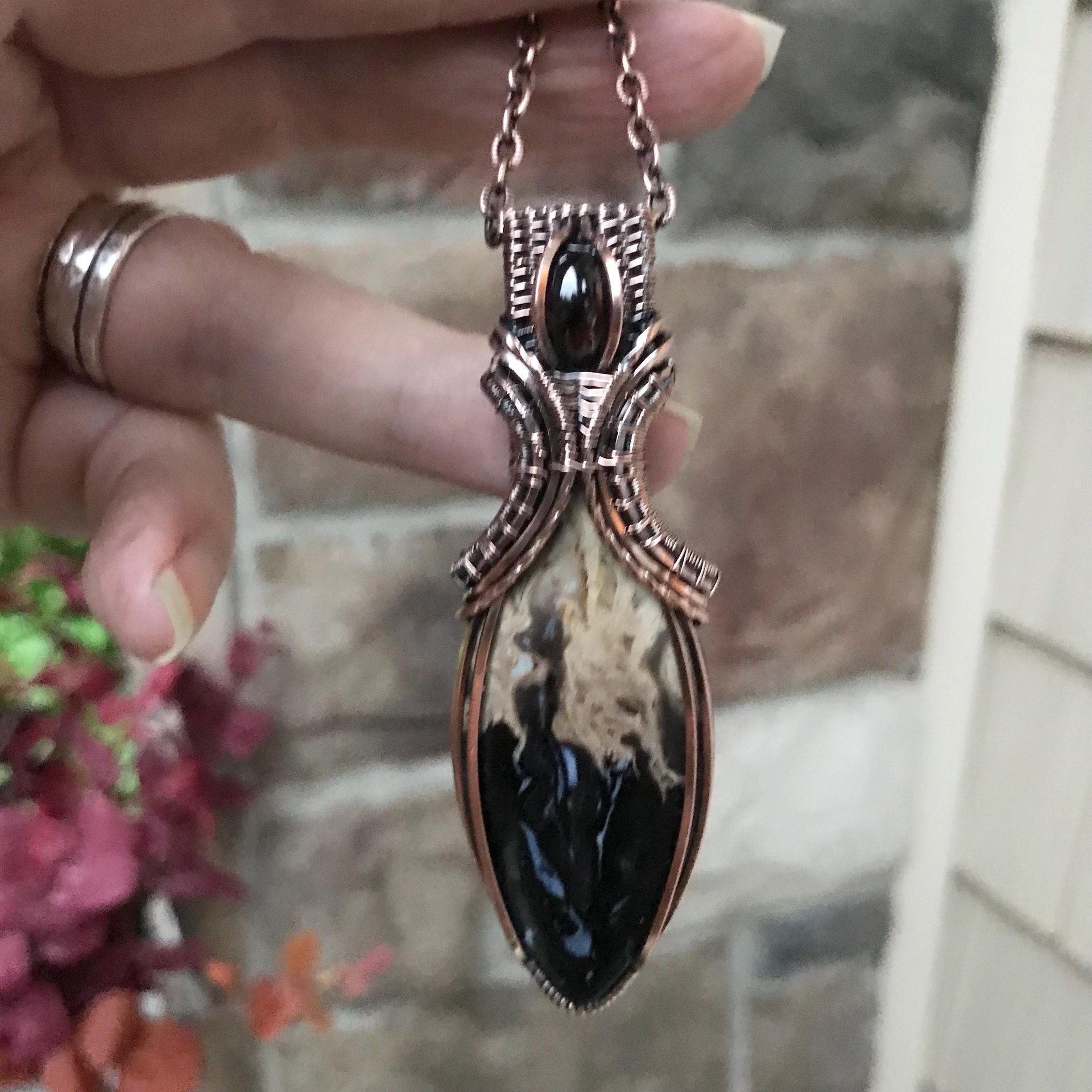 Petrified Palm Root & Garnet Copper Necklace with Weaving