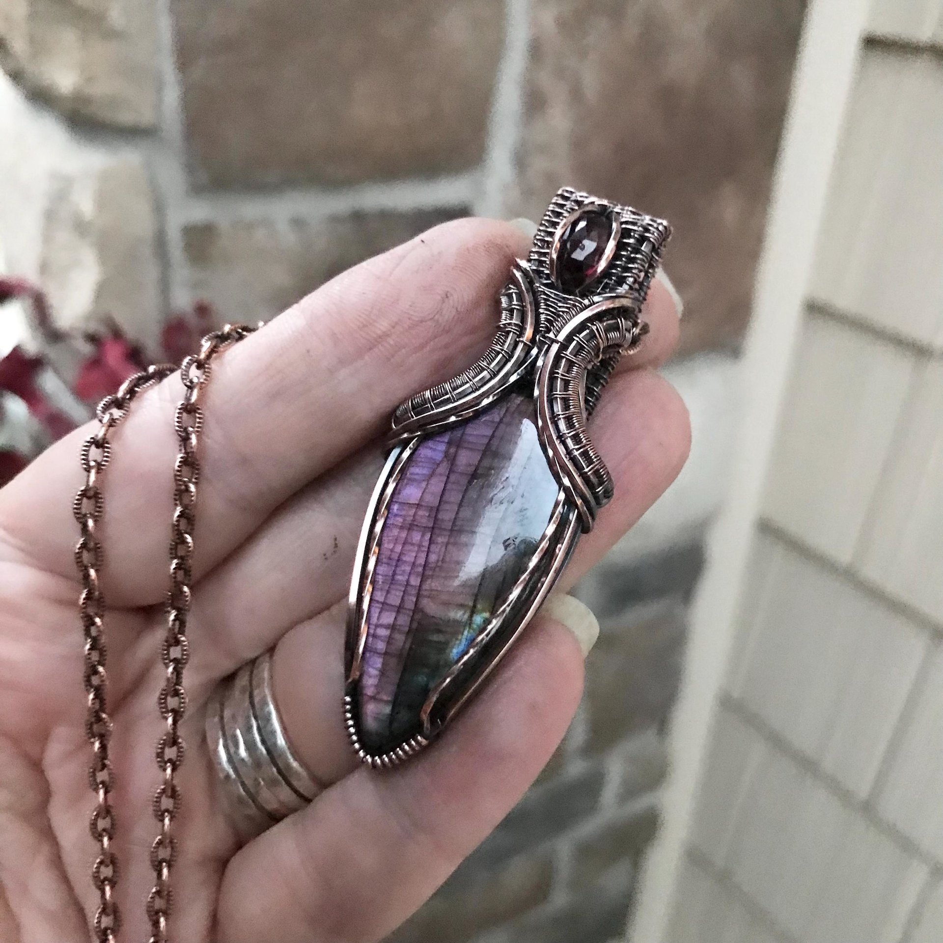 Purple Labradorite & Moonstone Copper Pendant with Weaving