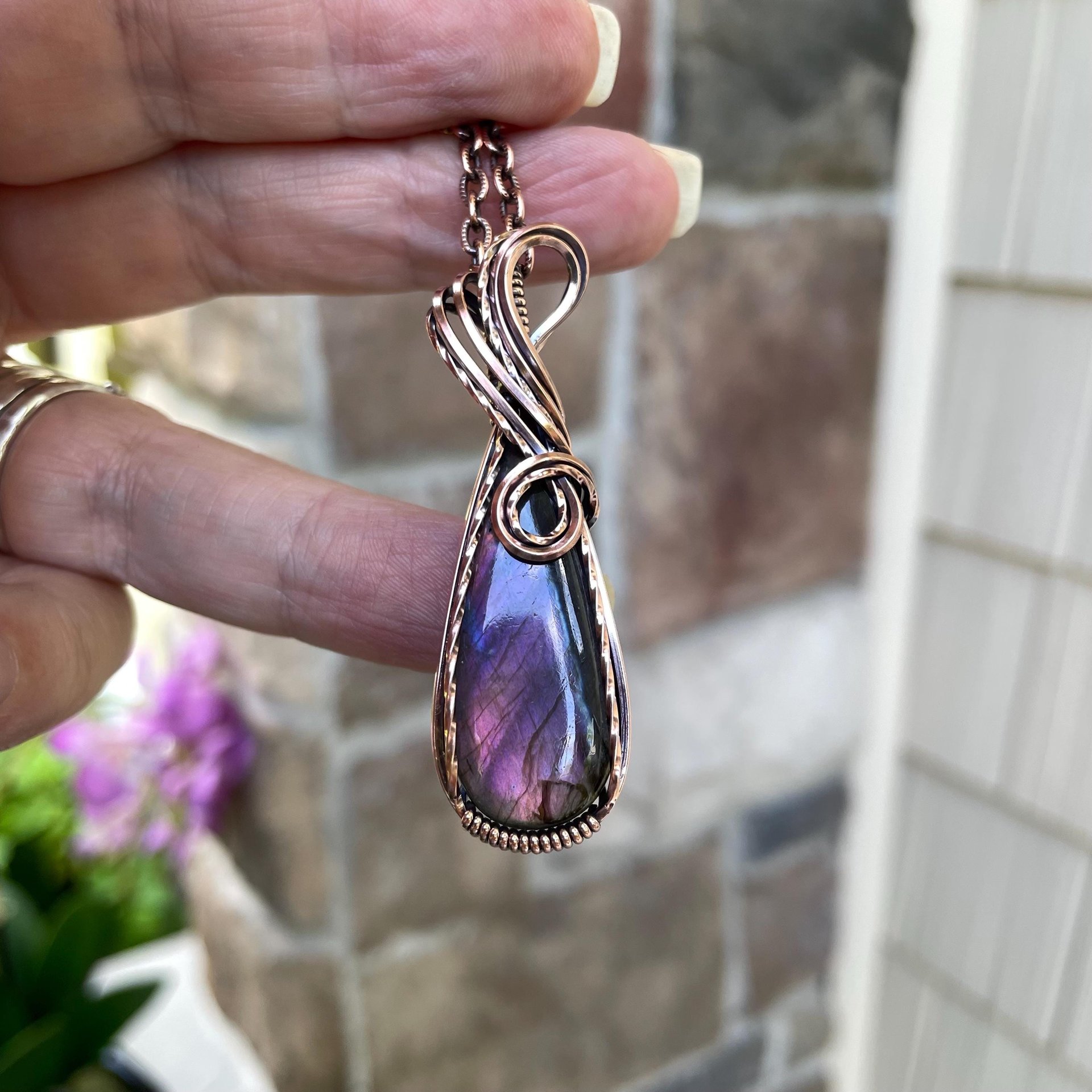 Pink Purple Labradorite Slender Copper Pendant