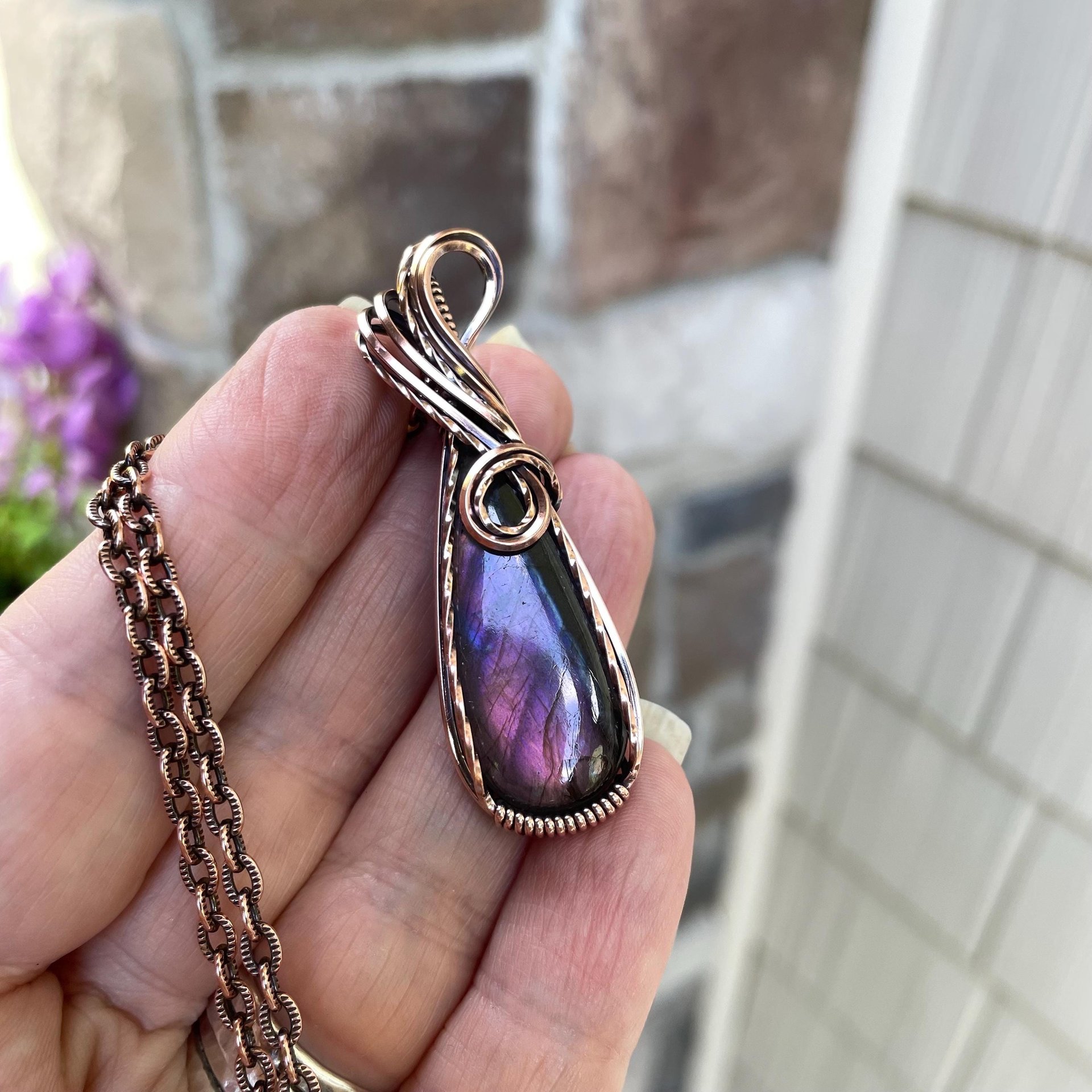 Pink Purple Labradorite Slender Copper Pendant