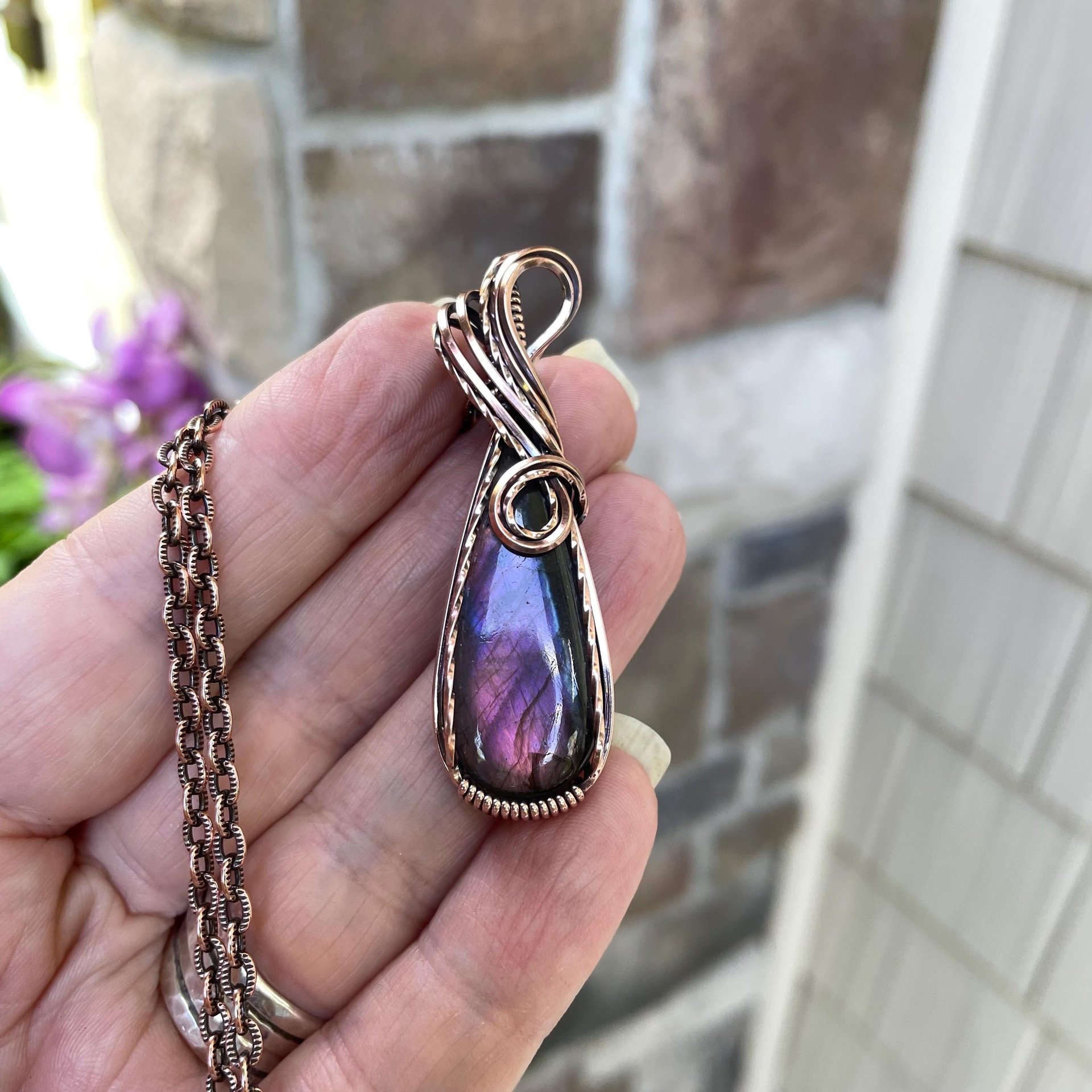Pink Purple Labradorite Slender Copper Pendant