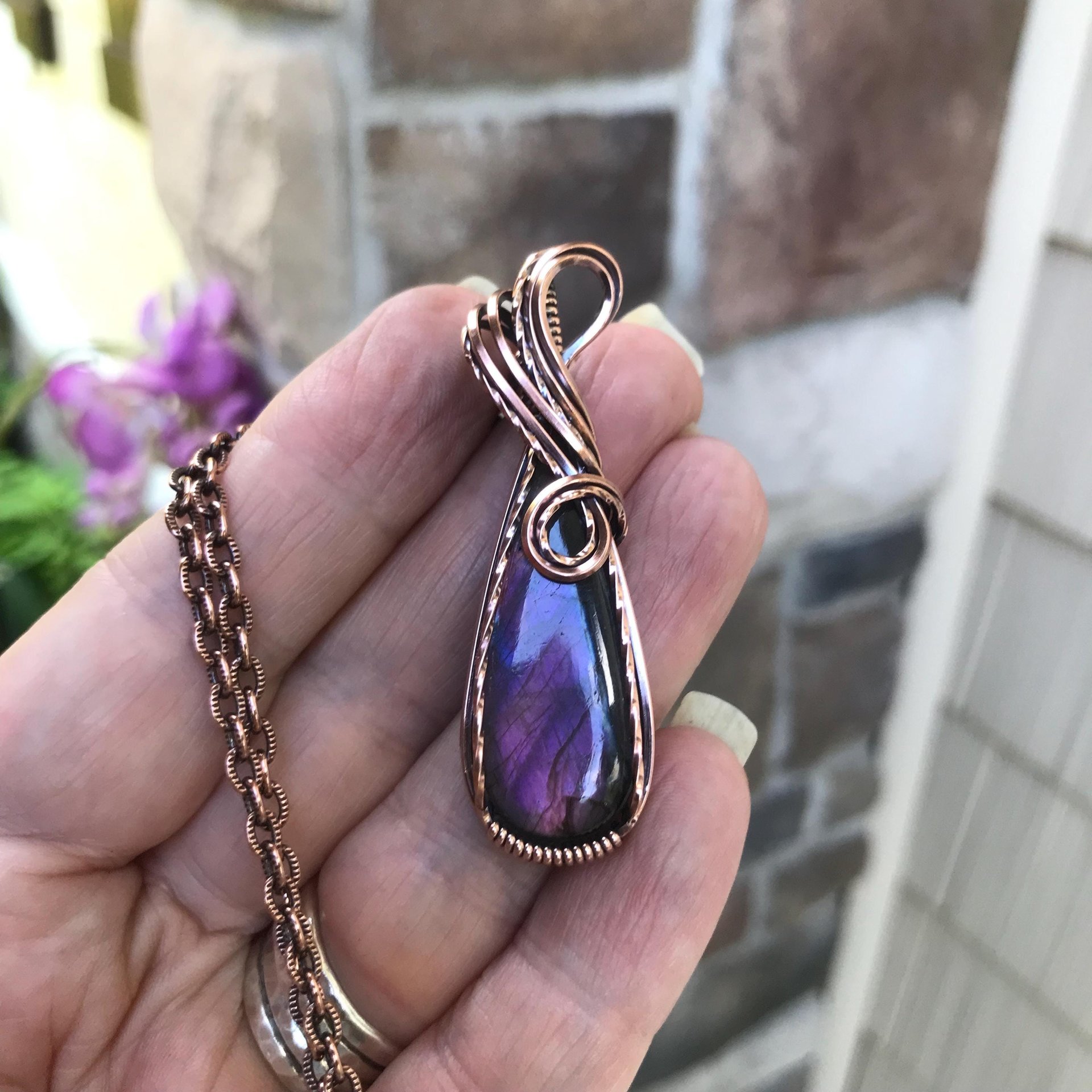 Pink Purple Labradorite Slender Copper Pendant