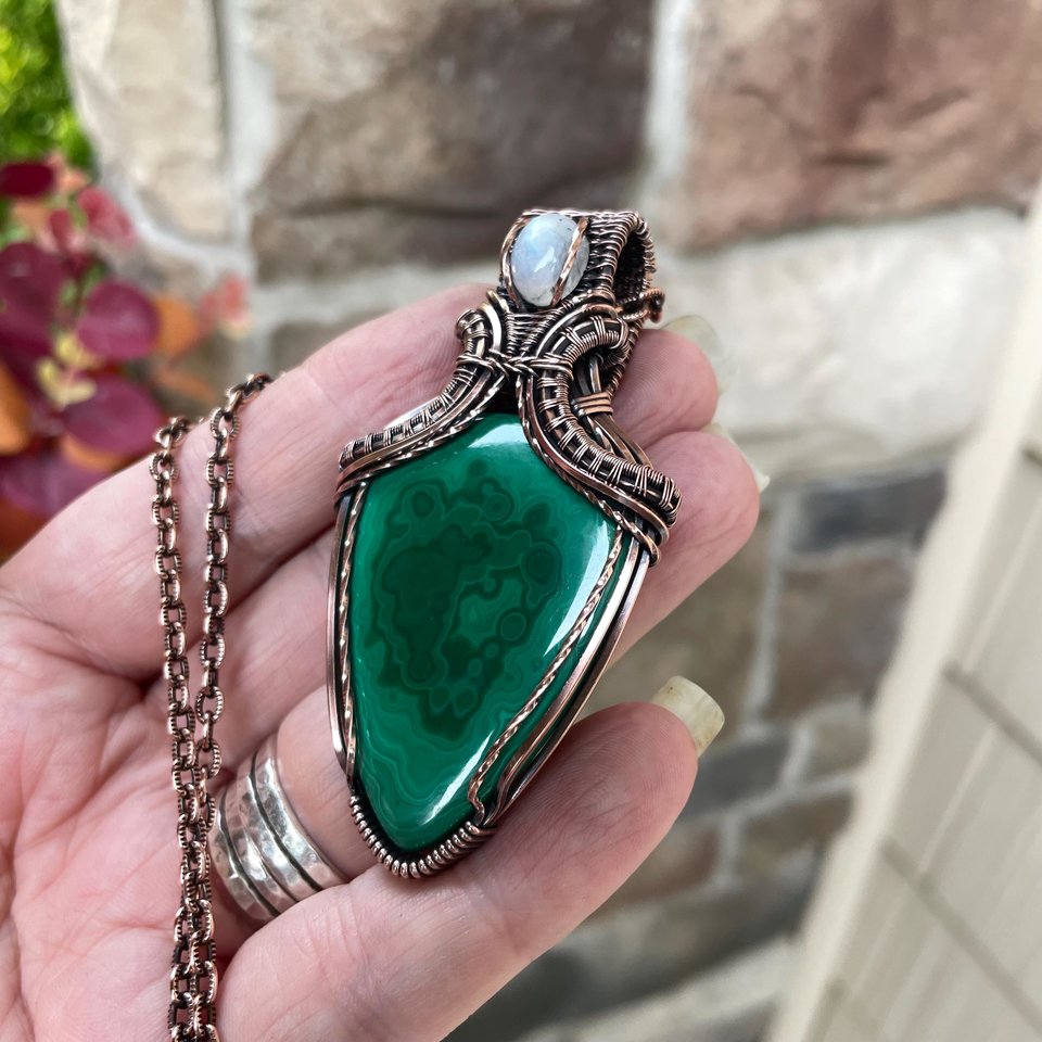 Malachite & Moonstone Copper Pendant with Weaving