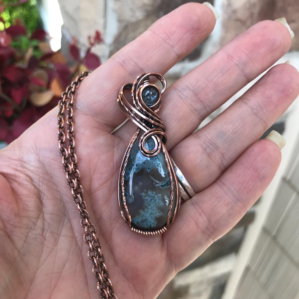 Moss Agate & Aquamarine Copper Swirly Necklace