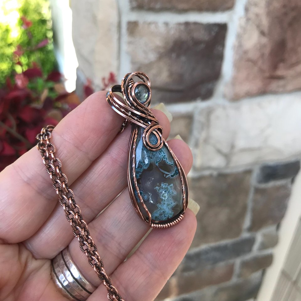 Moss Agate & Aquamarine Copper Swirly Necklace