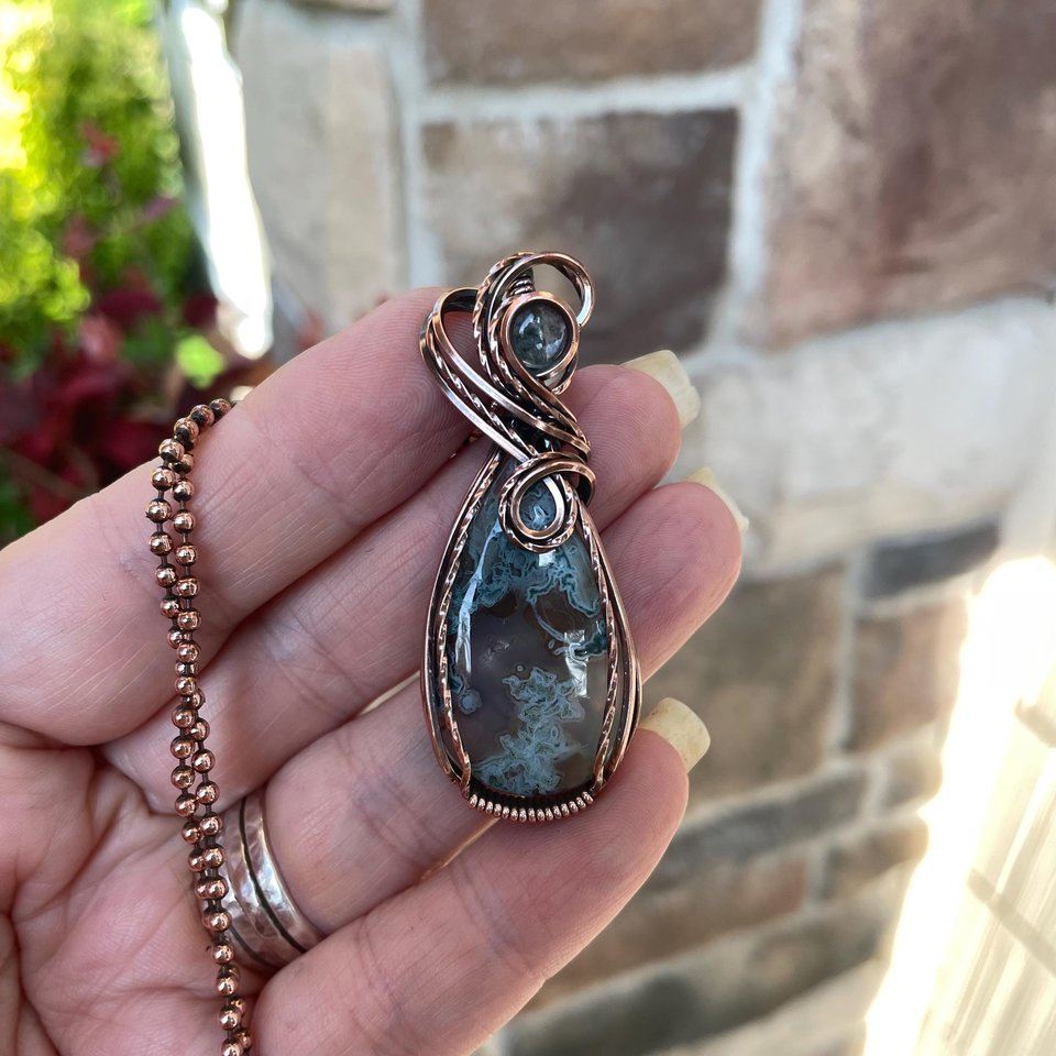 Moss Agate & Aquamarine Copper Swirly Necklace