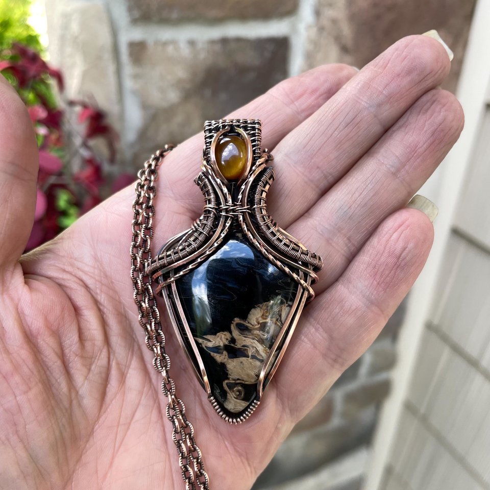 Petrified Palm Wood & Tiger Eye Copper Pendant with Weaving