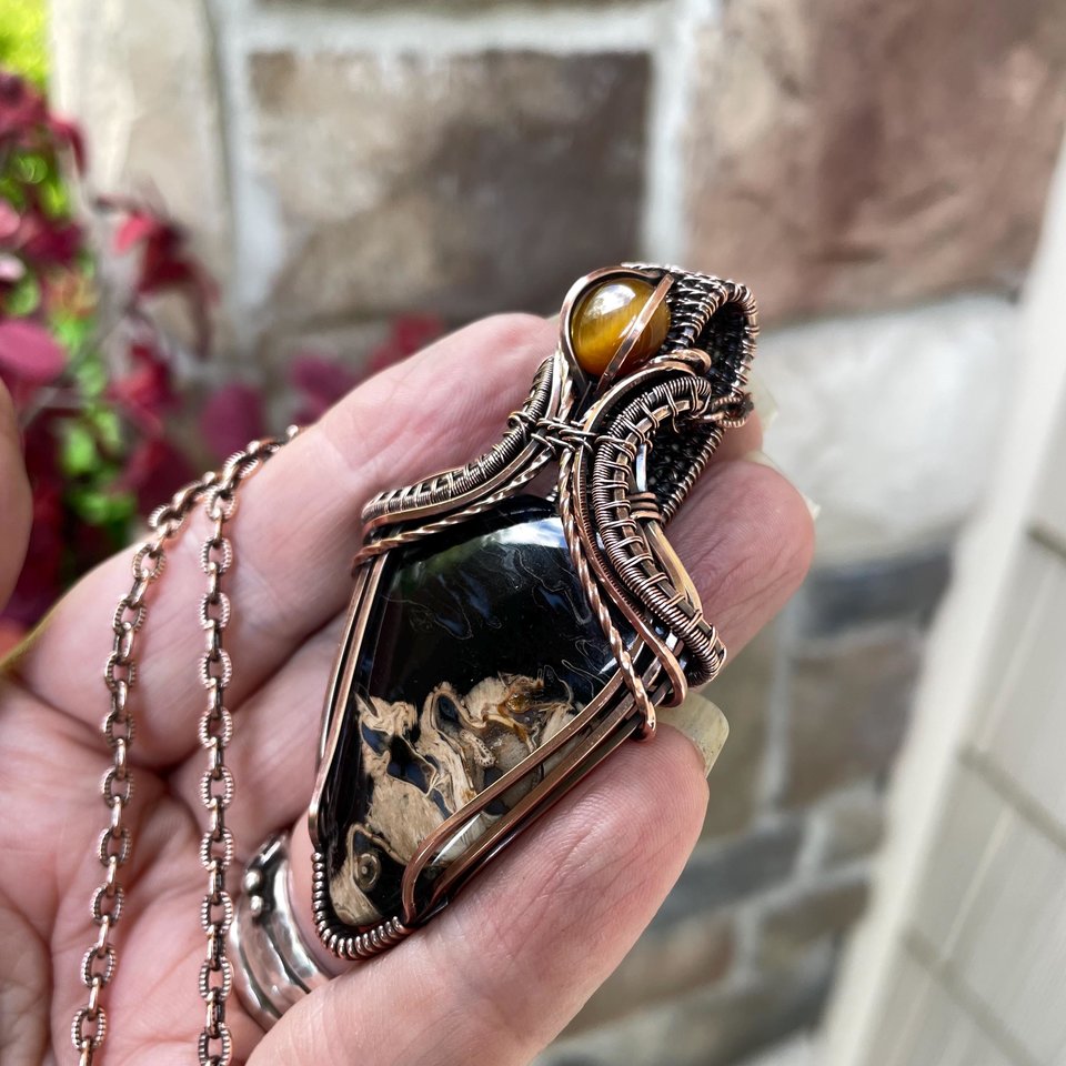 Petrified Palm Wood & Tiger Eye Copper Pendant with Weaving