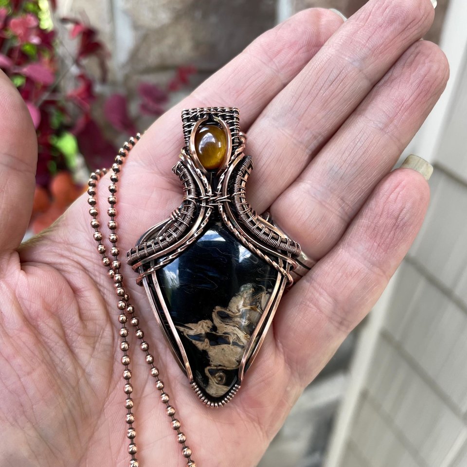Petrified Palm Wood & Tiger Eye Copper Pendant with Weaving