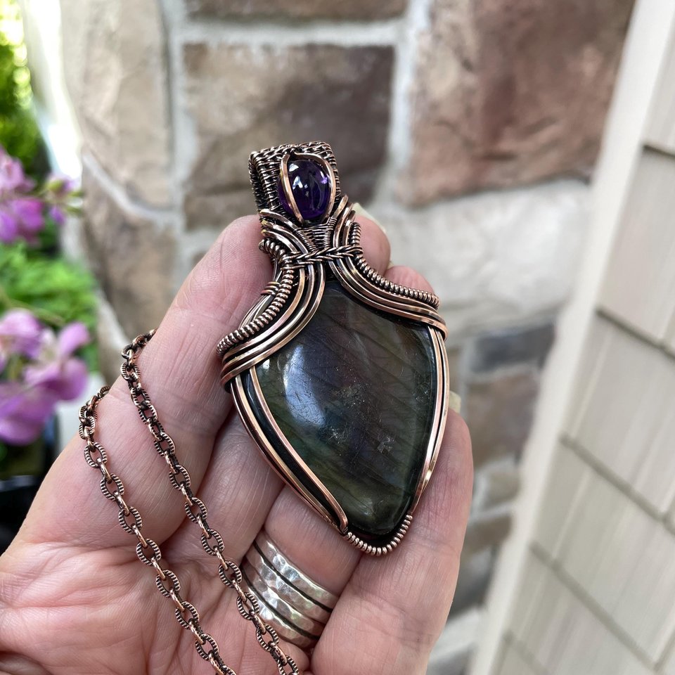 Pink Purple Labradorite & Amethyst Copper Pendant with Weaving