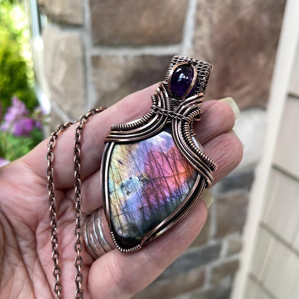 Pink Purple Labradorite & Amethyst Copper Pendant with Weaving