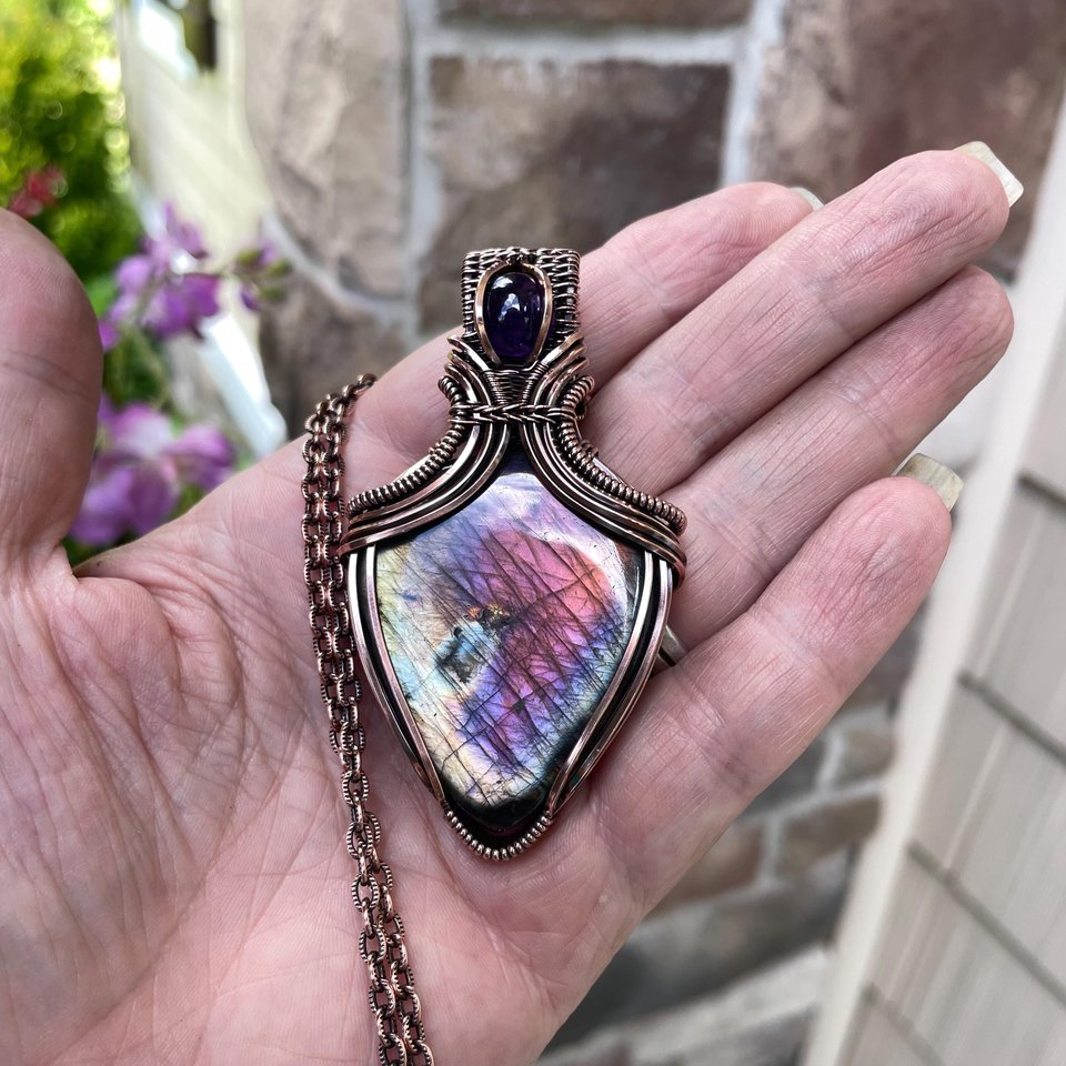 Pink Purple Labradorite & Amethyst Copper Pendant with Weaving