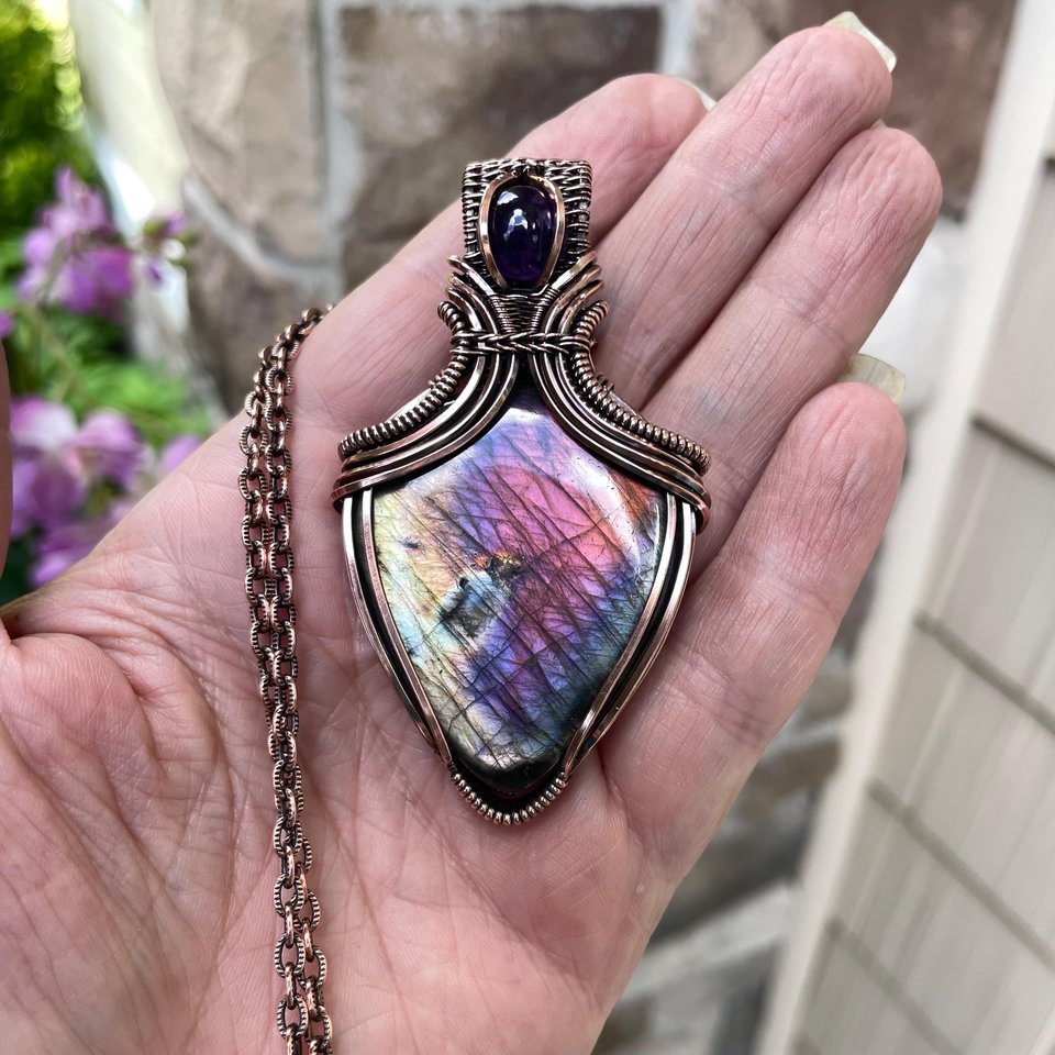 Pink Purple Labradorite & Amethyst Copper Pendant with Weaving