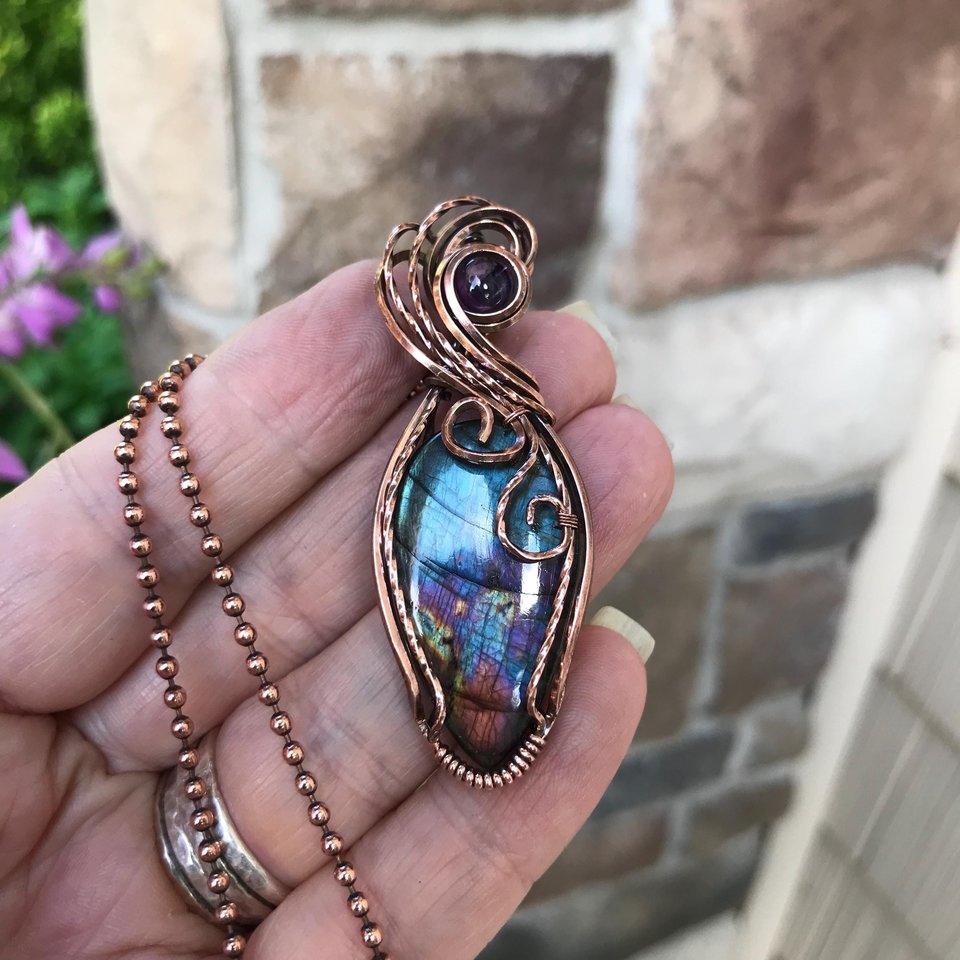 Teal Labradorite & Amethyst Copper Necklace