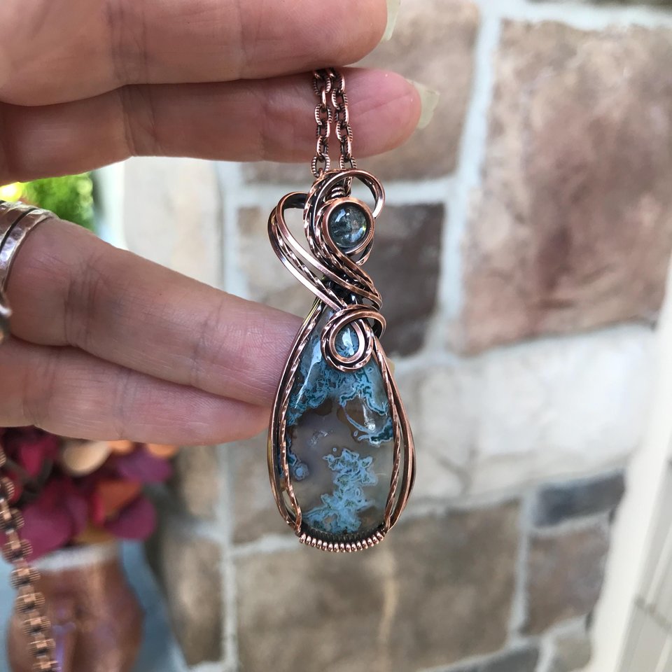 Moss Agate & Aquamarine Copper Swirly Necklace