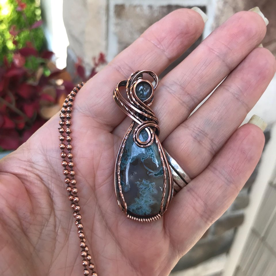 Moss Agate & Aquamarine Copper Swirly Necklace