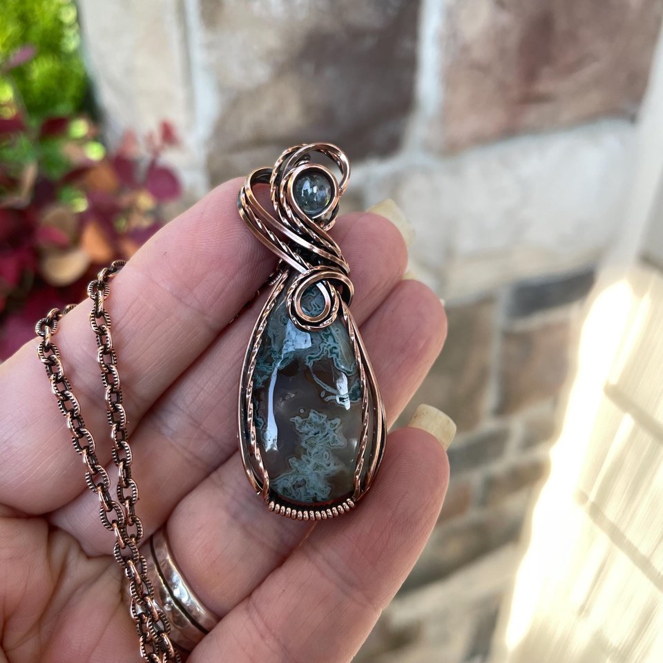 Moss Agate & Aquamarine Copper Swirly Necklace