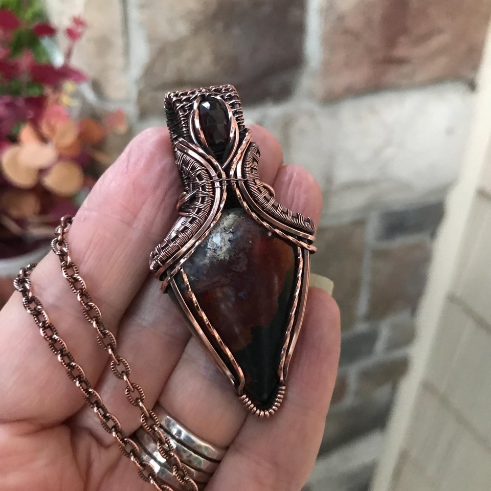 Red Moss Agate & Garnet Copper Pendant with Weaving