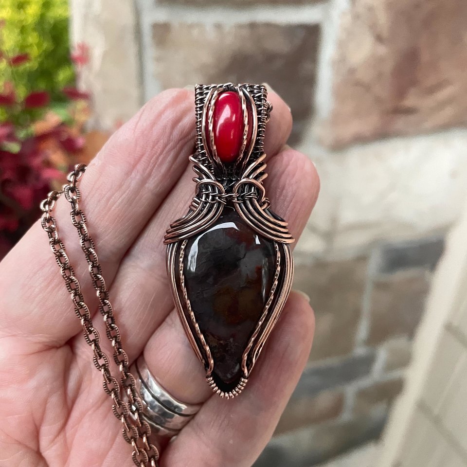 Red Moss Agate & Coral Copper Pendant with Weaving
