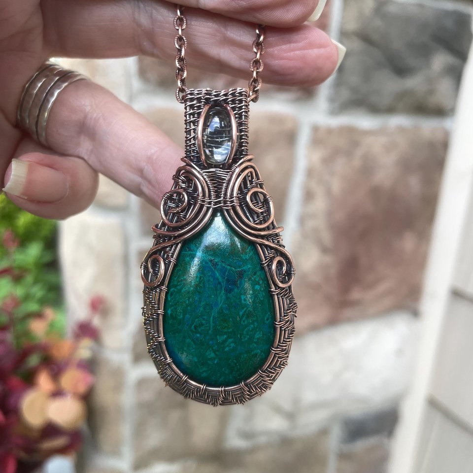 Chrysocolla & Prasiolite Woven Copper Pendant
