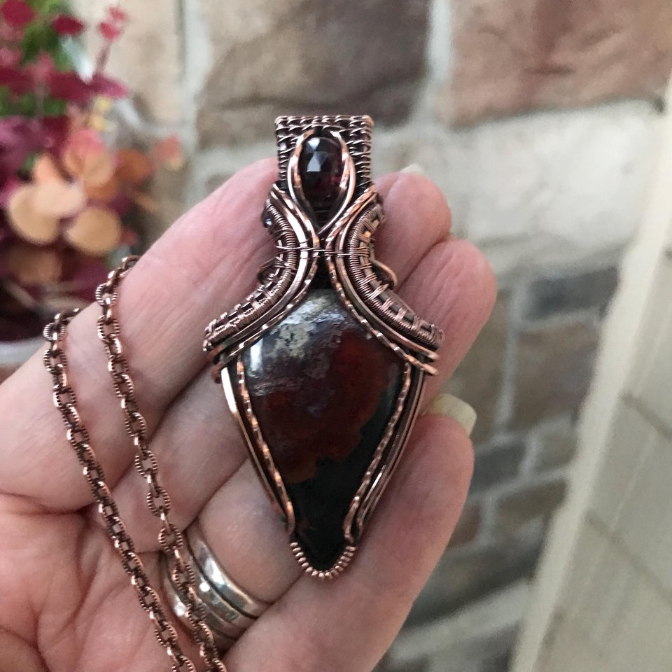 Red Moss Agate & Garnet Copper Pendant with Weaving