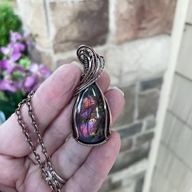 Pink Purple Labradorite Teardrop Copper Pendant