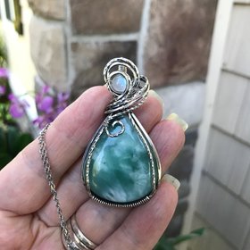 Blue Hemimorphite & Moonstone Silver Pendant